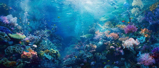 A vibrant coral reef teeming with marine life, bathed in a splendid gradient of blues and greens, captured in high-definition to highlight its mesmerizing vibrancy. - obrazy, fototapety, plakaty