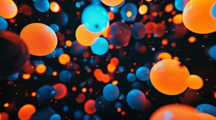 Glowing orange and blue orbs appear to float on a pitch black canvas creating a trippy visual effect. - obrazy, fototapety, plakaty
