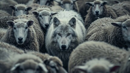 Wolf Among Sheep in Moody Tones - obrazy, fototapety, plakaty