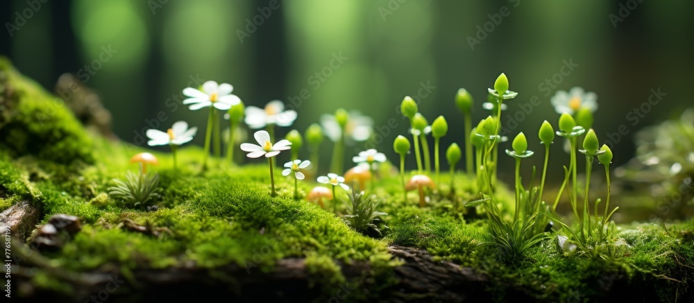 Wall mural Moss covers a tree trunk where delicate white flowers bloom in a close-up view of nature's beauty