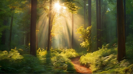 Forest trees view with sun beams - obrazy, fototapety, plakaty