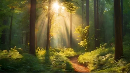 Deurstickers Forest trees view with sun beams © gmstockstudio