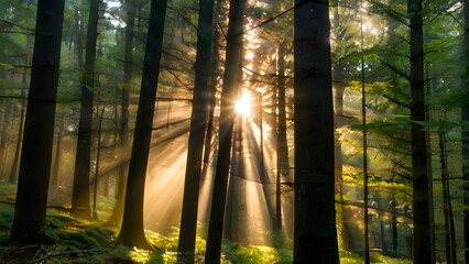 Forest trees view with sun beams