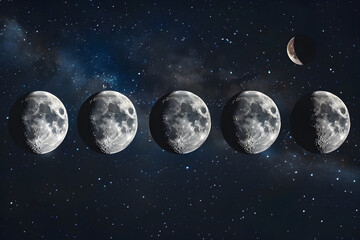 Fototapeta na wymiar Circular Diagram Depicting the Eight Phases of the Moon Against a Starlit Sky Background