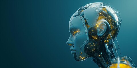 a fantastic picture on the subject of artificial intelligence. 3D rendering with photography. darkblue background, foreground white .sparse accent colors in yellow and blue