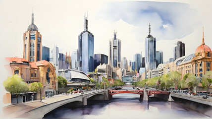 Melbourne city Australia watercolor art - obrazy, fototapety, plakaty