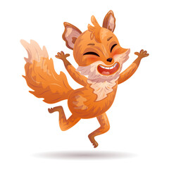 Happy cartoon fox. Jumping. Vector illustration.