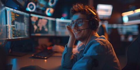 Happy Confident Technical Customer Support Specialist Having a Headset Call while Working on a Computer in a Dark Monitoring and Control Room Filled with Colleagues and Display Screens.