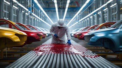 A man is working on a car in a factory, focusing on tires, wheels, automotive lighting, and design. AIG41