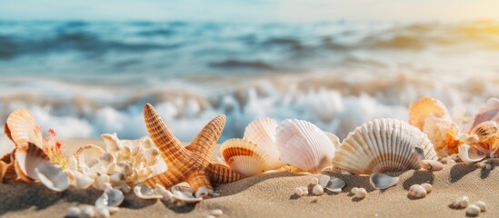 Fototapeta na wymiar Shells and starfish scattered on the sandy shore during the tranquil sunset, creating a picturesque scene by the ocean