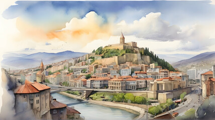 Tbilisi city Georgia watercolor art - obrazy, fototapety, plakaty