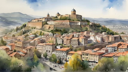 Fotobehang Tbilisi city Georgia watercolor art © gmstockstudio