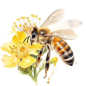 bee pollinating yellow flower watercolor clip art preview