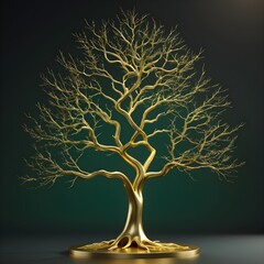Gold shining trees on night light background with golden branches 