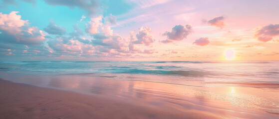 Fototapeta na wymiar A tropical beach at sunrise, with the colors of the sky forming a splendid gradient of pinks and blues over the horizon, captured in high-definition to highlight its mesmerizing vibrancy.
