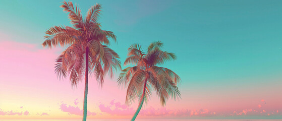 A tropical paradise with palm trees swaying in the breeze, against a backdrop of a splendid gradient of colors in the sky, captured in high-definition to highlight its mesmerizing vibrancy. - obrazy, fototapety, plakaty