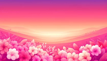 Fototapeten Stylized pink sunset landscape with hills and flowers. © Enigma