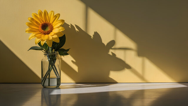 Modern yellow background with a sunflower in a transparent vase. Simple and elegant design for advertisements. Generative AI