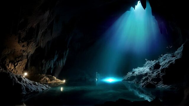 The cave shimmers with beautiful light, creating a magical scene