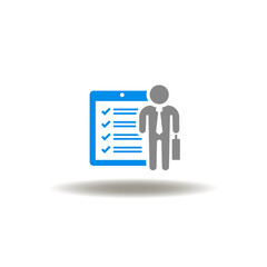 Vector illustration of checklist and businessman. Icon of personal assessment. Symbol of survey, questionnaire, poll. Sign of CV Curriculum Vitae.