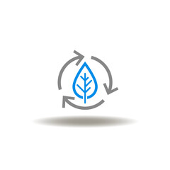 Vector illustration of arrows round recycle with leaf. Icon of circular economy. Symbol of recycling, environment, ESG.