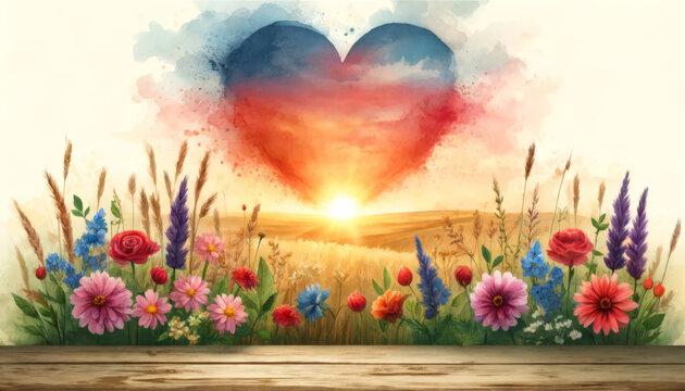Colorful heart in sunset and flowers at foreground.