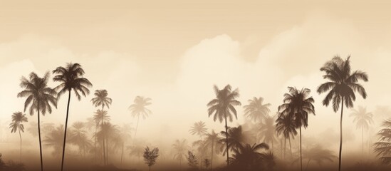 Several tall palm trees are surrounded by mist in a serene and tranquil setting