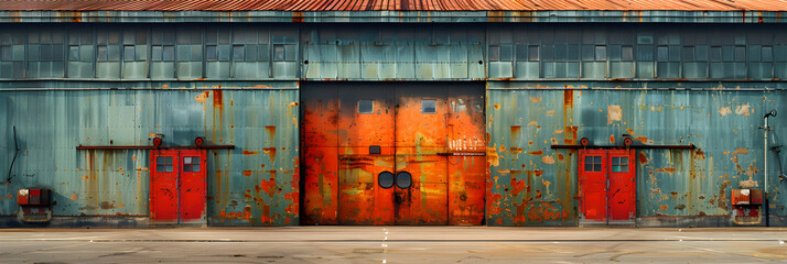 old door with graffiti,
 Direct Frontal View of a Factory Wall Made of Metal 