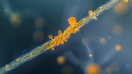 A delicate piece of pollen attached to a thin threadlike filament seemingly floating in the emptiness of the microscopic world. - obrazy, fototapety, plakaty