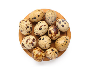 Wooden board with fresh quail eggs on white background
