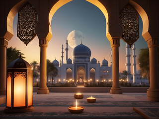 Islamic background with moon lanterns design and mosque for Ramadan, Eid ul Fitr, Eid al Adha, and Eid Milad Muharram design. - obrazy, fototapety, plakaty