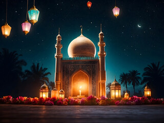Islamic background with moon lanterns design and mosque for Ramadan, Eid ul Fitr, Eid al Adha, and Eid Milad Muharram design.