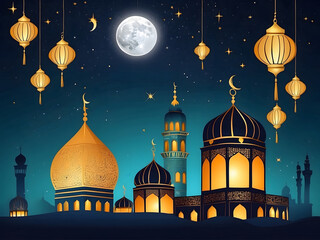 Islamic background with moon lanterns design and mosque for Ramadan, Eid ul Fitr, Eid al Adha, and Eid Milad Muharram design.
