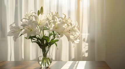 Bouquet of pure white lilies adorns slender vase on polished wooden table.