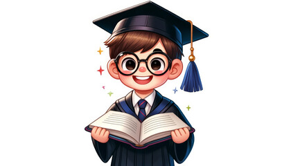 A cartoon boy with glasses in graduation attire holding an open book with colorful stars around.