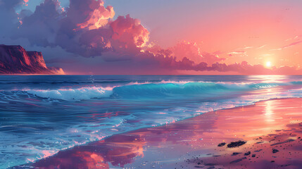 Tranquil Seashore Dawn - obrazy, fototapety, plakaty