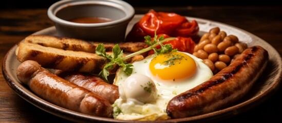 Arrangement of sausage, eggs, beans, and tomatoes on a plate for a hearty meal