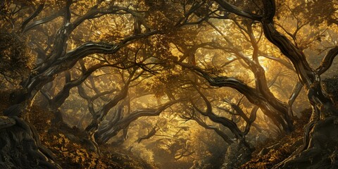 Medieval Metal Woodlands - where the trees themselves are made of softly glowing bronze and iron with branches intertwining overhead to form a majestic canopy created with Generative AI Technology - obrazy, fototapety, plakaty