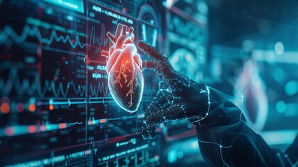 
In this digital 3D render, a medical doctor is depicted interacting with a hologram of a heart, symbolizing the use of advanced technology in medicine.  - obrazy, fototapety, plakaty