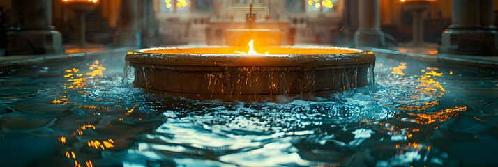 burning candles in a temple,
A baptismal font stands ready for the sacrament - obrazy, fototapety, plakaty