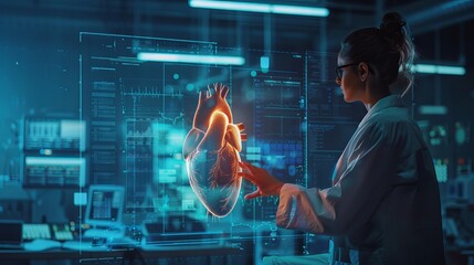
In this digital 3D render, a medical doctor is depicted interacting with a hologram of a heart, symbolizing the use of advanced technology in medicine. 