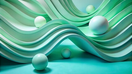 Green curved forms and balls evokin movements. 3D minimalist forms background