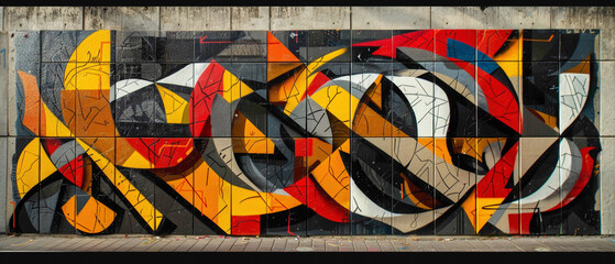 Bold graffiti-style lettering intertwines with intricate abstract motifs, creating a dynamic street art installation that adds life and color to the urban environment.