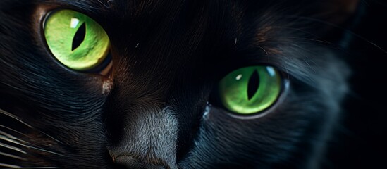 Unique shot of a mesmerizing black feline with vivid green eyes fixed on the camera