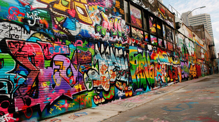 Bold graffiti tags cover the buildings along the street, their vibrant colors contrasting sharply with the pure white background, creating a visually dynamic scene.