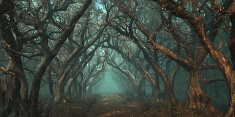 Fotobehang Medieval Metal Woodlands - where the trees themselves are made of softly glowing bronze and iron with branches intertwining overhead to form a majestic canopy created with Generative AI Technology © Sentoriak