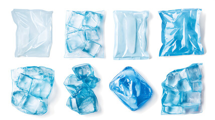 Various plastic bags filled with water and blue ice cubes on a white background.