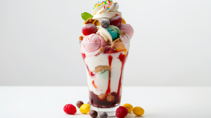 Sumptuous sundae with various scoops of ice cream, fruits, whipped cream, and sprinkles on a white table.