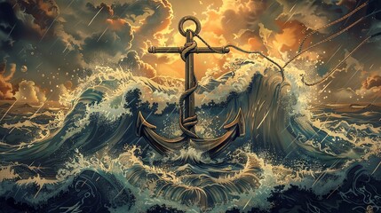 illustration of an anchor with waves, in the style of tattoo flash art - obrazy, fototapety, plakaty