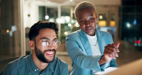 Computer, teamwork and business people in office at night working on creative project with deadline. Collaboration, technology and web designers with research on desktop in workplace overtime.